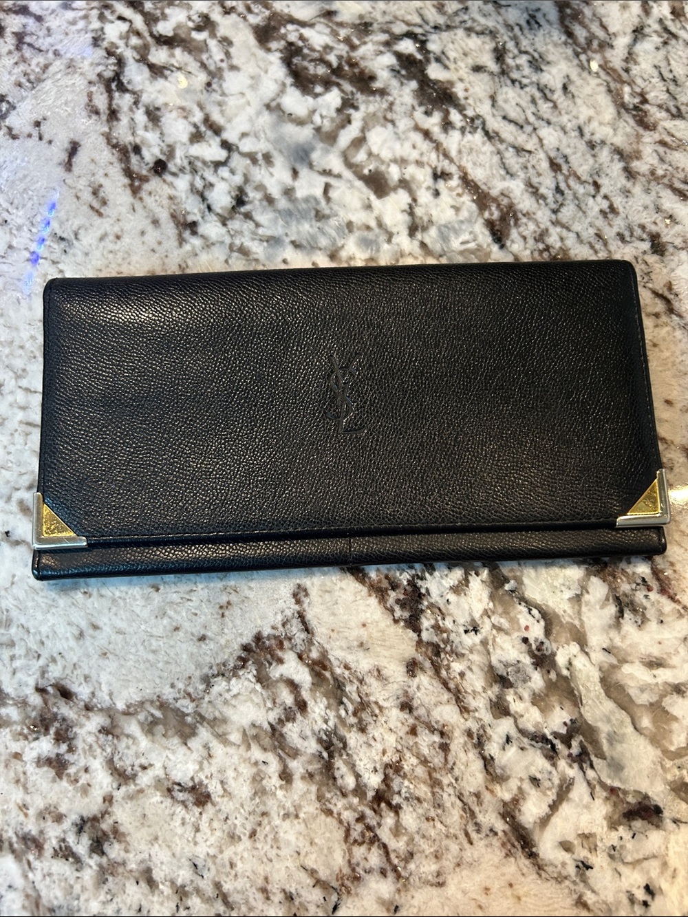 Saint Laurent Black Leather Wallet with Gold Corner Hardware EUC